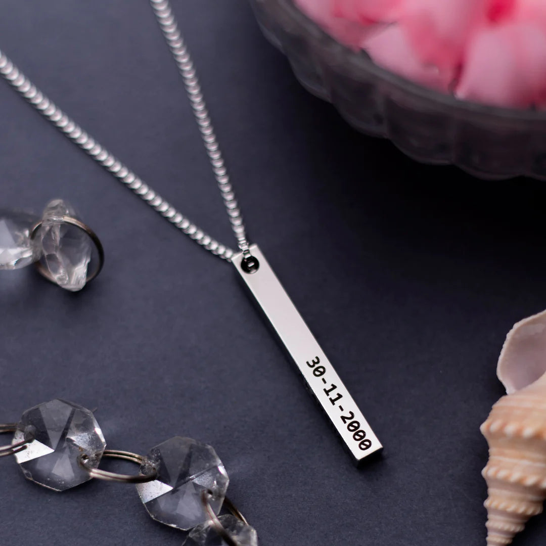 Premium Customised Cuboid Bar Name Necklace - Silver - Stainless Steel with 200-Day Warranty  at Zestpics