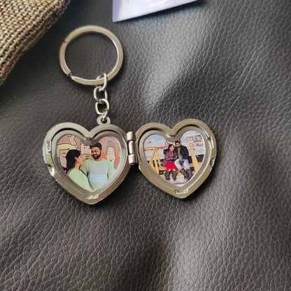 Personalized Heart-Shaped Silver Metal Keychain with Name & 2 Photos