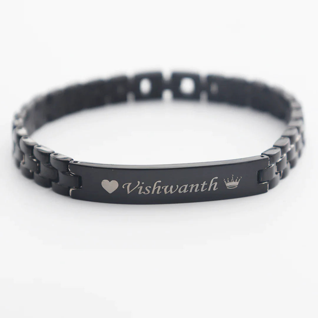 Zestpics Black Stainless Steel Name Engraved Bracelet - Hypoallergenic Design