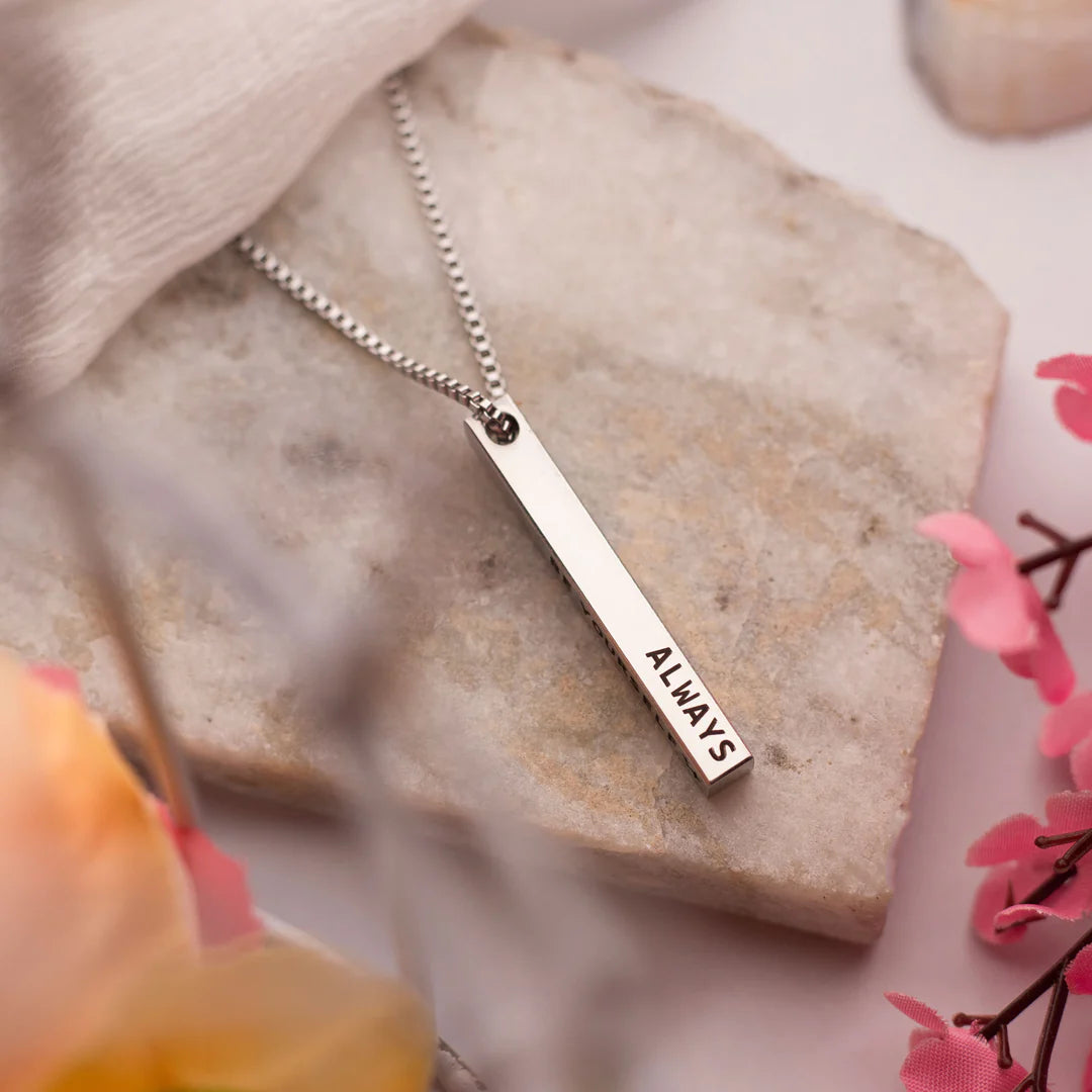 Premium Customised Cuboid Bar Name Necklace - Silver - Stainless Steel with 200-Day Warranty  at Zestpics