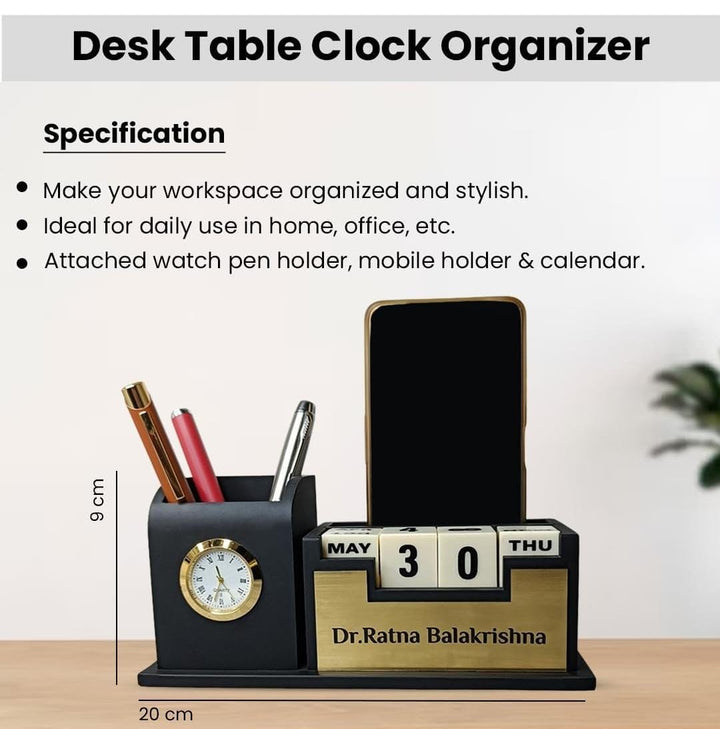 Personalized Wooden Tabletop Lifetime Calendar with Clock, Pen Holder & Mobile Stand | Zestpics