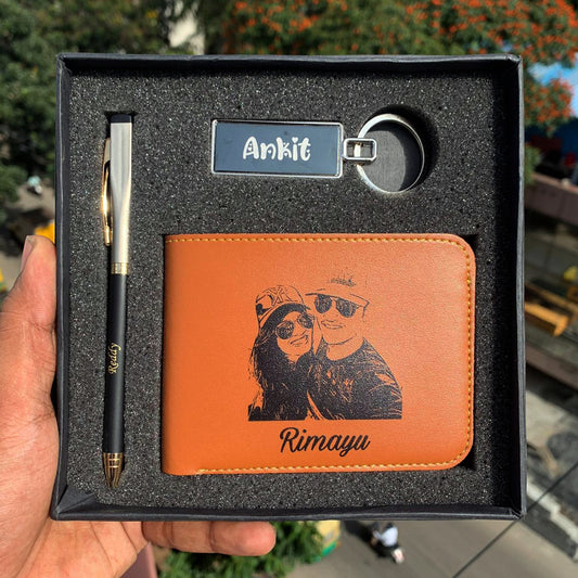 Personalised Men Printed Wallet with Pen and Keychain Combo - Zestpics